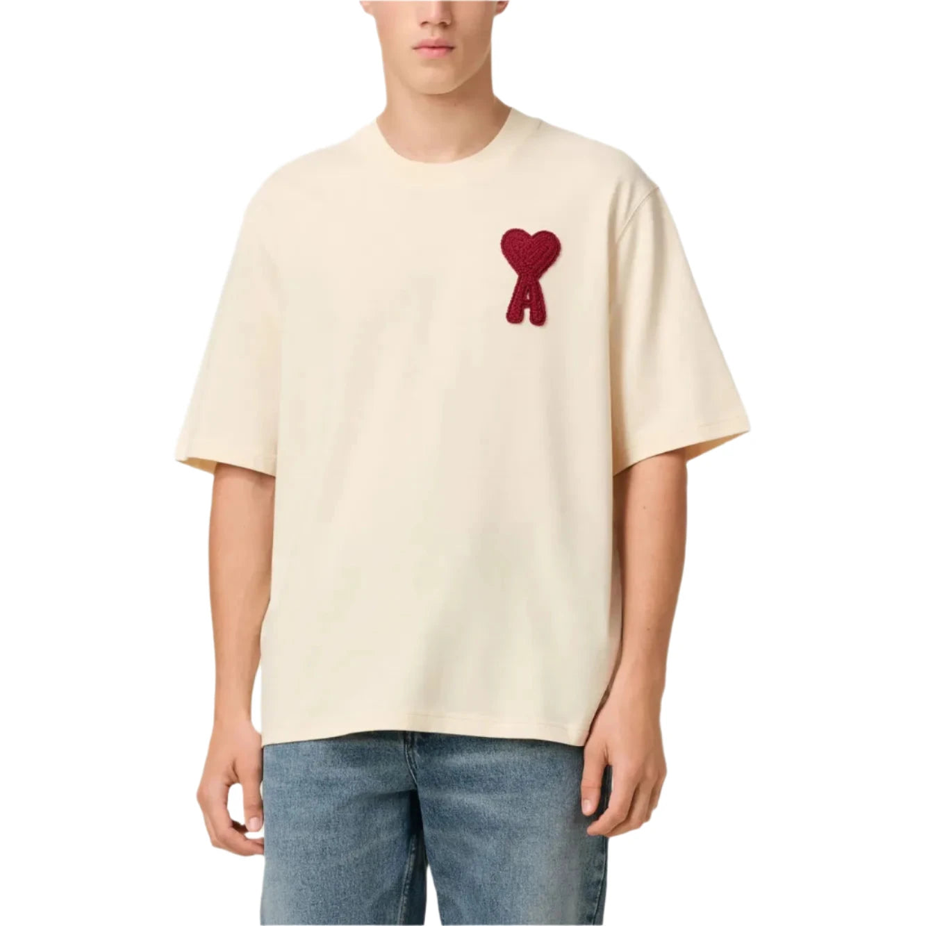 AMI Paris Cotton Ami de Coeur Patch T-Shirt Beige Red