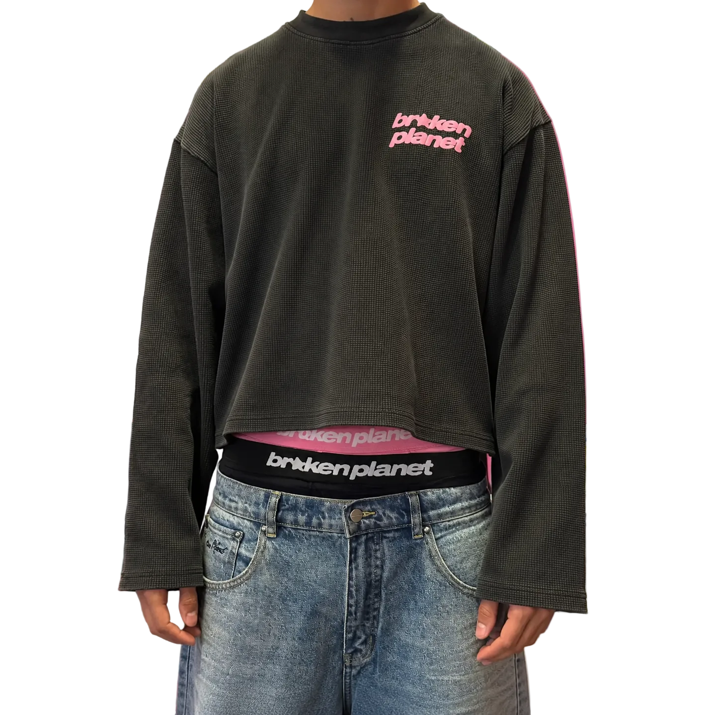 BROKEN PLANET STAR LOGO WAFFLE LONG SLEEVE MIDNIGHT BLACK/PINK
