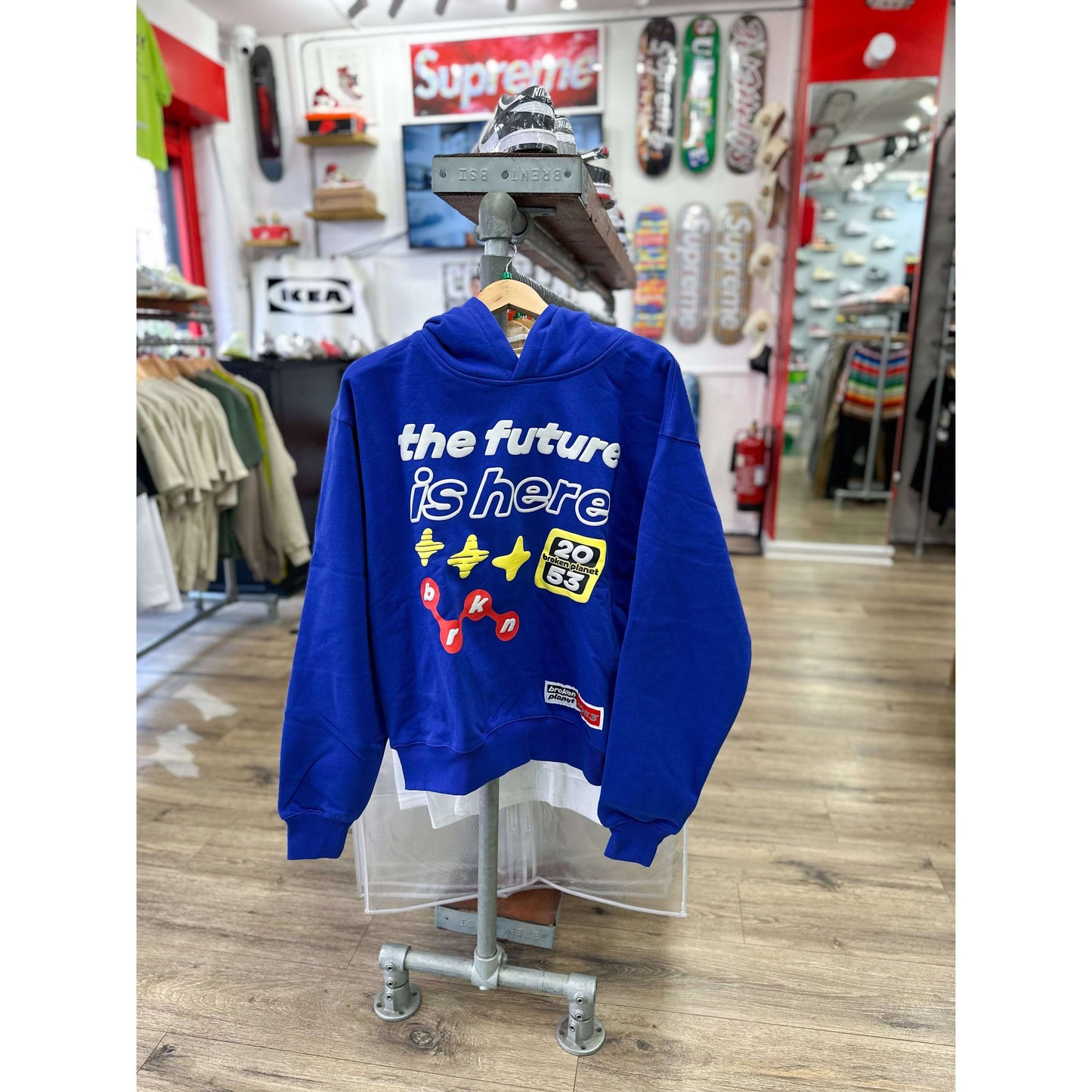 Broken Planet The Future Is Here Hoodie Blue by Broken Planet Market in Clothing. Available at KershKicks for £175.50. A must-have for fans of Broken Planet Market looking to elevate their style with this Hoodie.