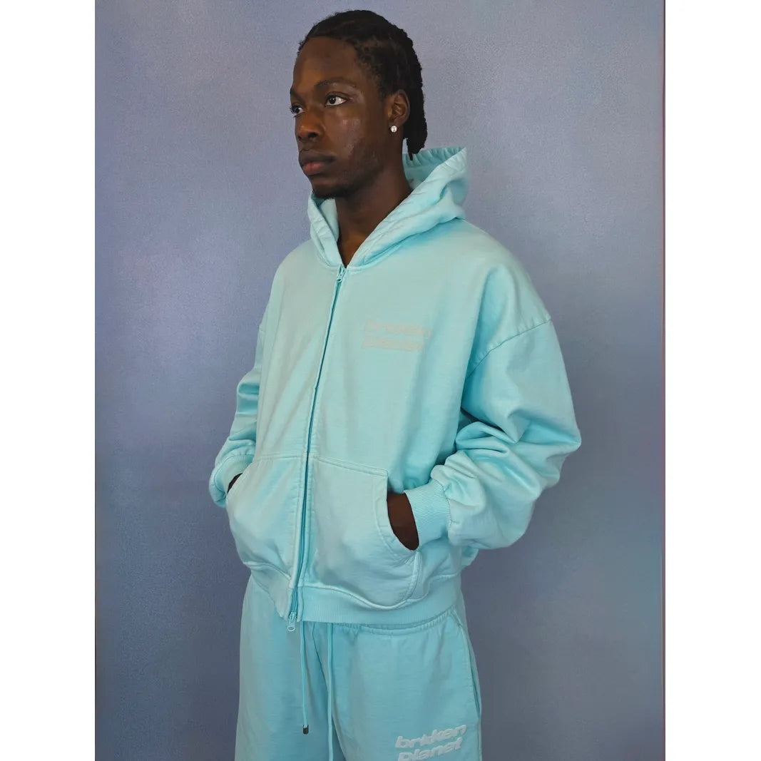 BROKEN PLANET STAR LOGO ZIP UP HOODIE BLUE TINT