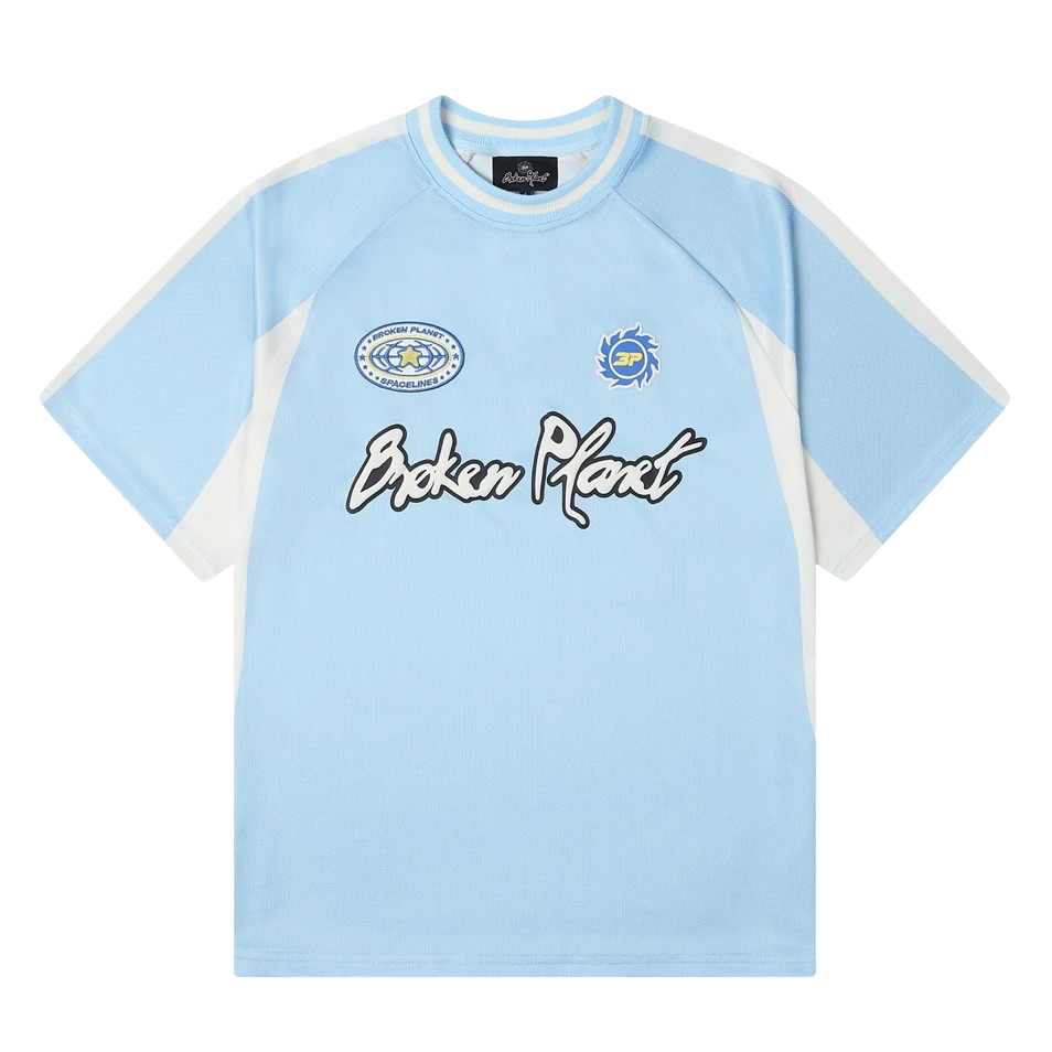Broken Planet Market Football Jersey Light Blue by Broken Planet Market in Uncategorized. Available at KershKicks for £115.00. A must-have for fans of Broken Planet Market looking to elevate their style with this T-Shirt.