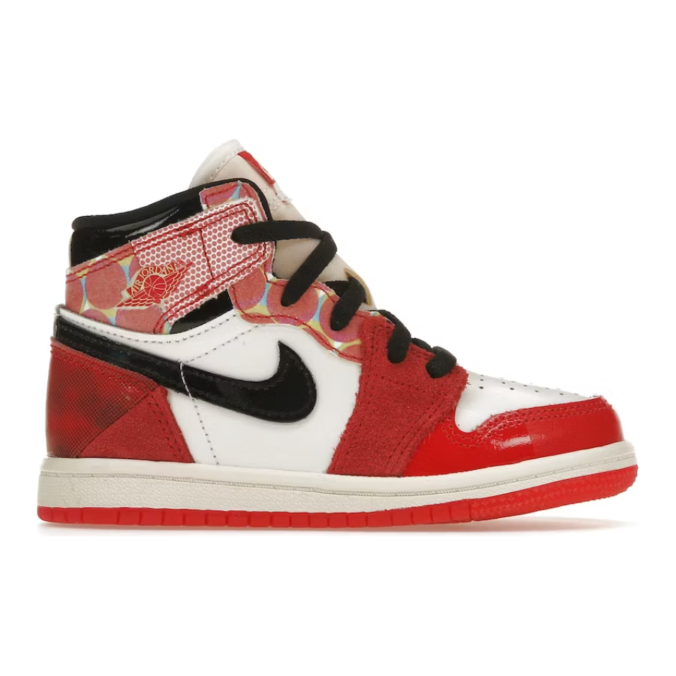 Jordan 1 Retro High OG Spider-Man Across the Spider-Verse (TD) by Jordan's in Shoes. Available at KershKicks for £70.00. A must-have for fans of Jordan's looking to elevate their style with this Kids Trainers.