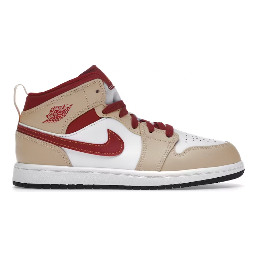 Jordan 1 Mid Light Curry Cardinal (PS) by Jordan's in Shoes. Available at KershKicks for £80.00. A must-have for fans of Jordan's looking to elevate their style with this Kids Trainers.