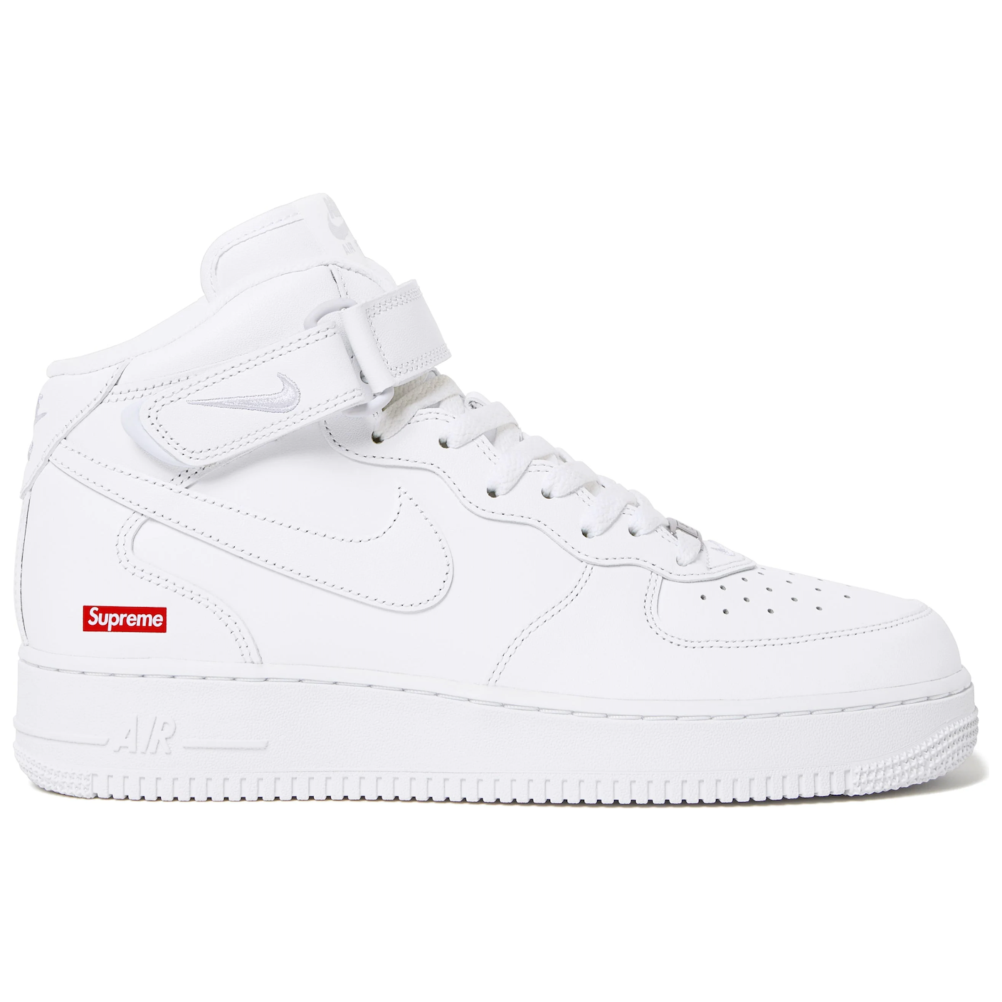 Nike Air Force 1 Mid Supreme White by Supreme in Uncategorized. Available at KershKicks for £185.00. A must-have for fans of Supreme looking to elevate their style with this Shoes.