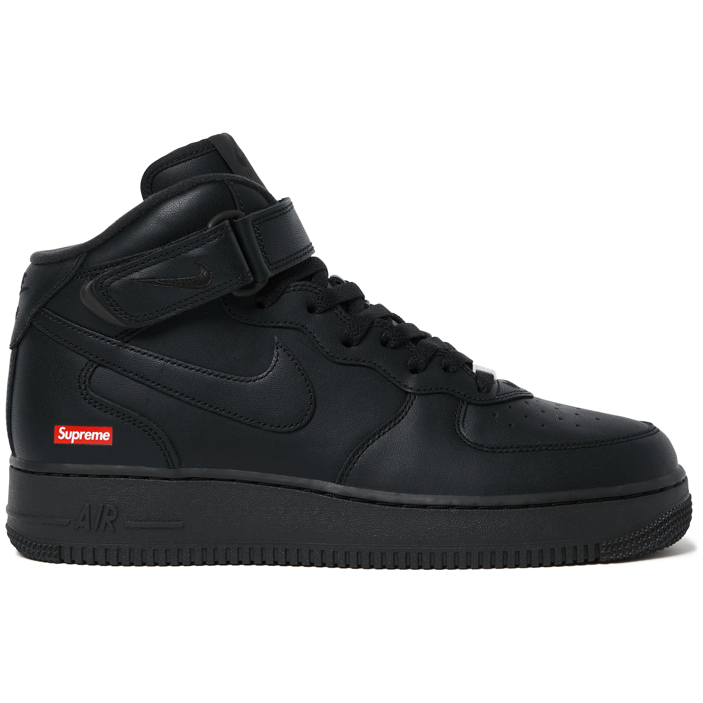 Nike Air Force 1 Mid Supreme Black by Supreme in Uncategorized. Available at KershKicks for £185.00. A must-have for fans of Supreme looking to elevate their style with this Shoes.