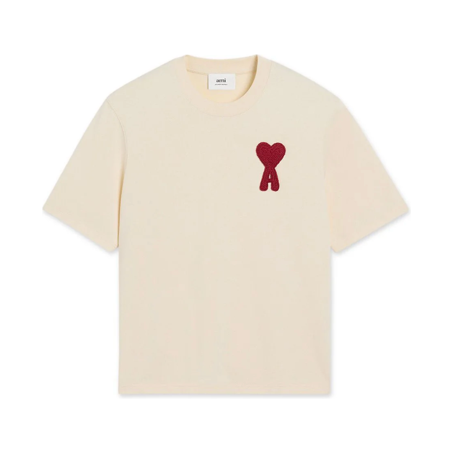 AMI Paris Cotton Ami de Coeur Patch T-Shirt Beige Red