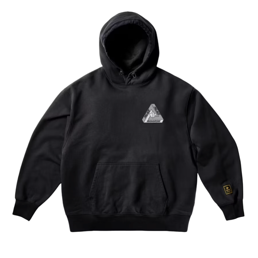 Front view of a black Palace hoodie on a white background