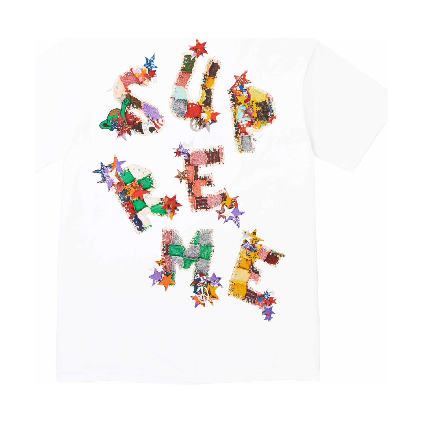 Supreme Patchwork Tee White by Supreme in . Available at KershKicks for £65.00. A must-have for fans of Supreme looking to elevate their style with this T-Shirt.