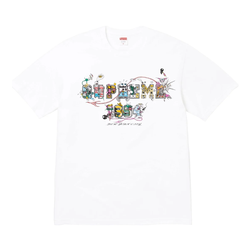 Supreme Varsity Tee White by Supreme in Clothing. Available at KershKicks for £75.00. A must-have for fans of Supreme looking to elevate their style with this T-Shirt.