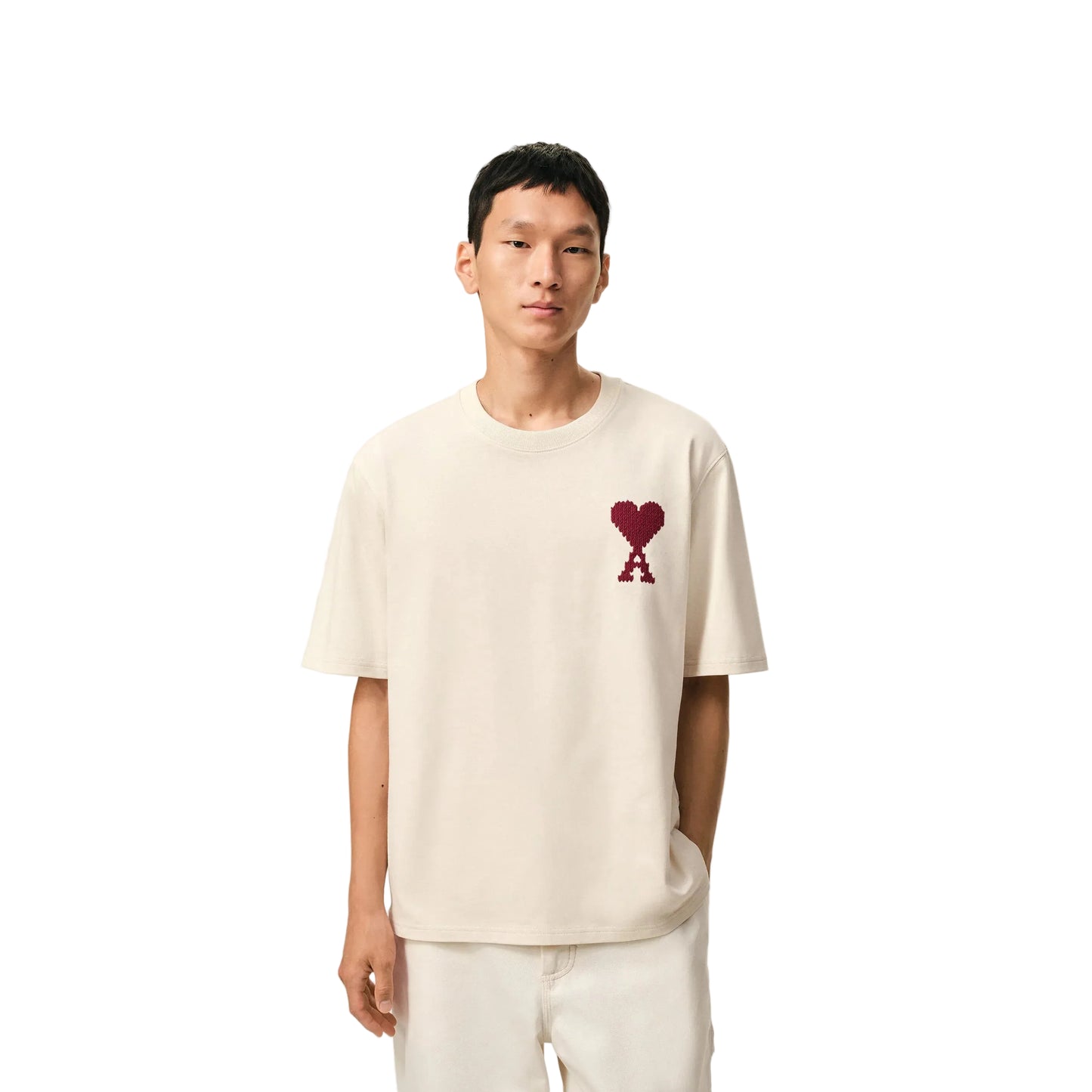 AMI Paris Cotton Zigzag Logo T-Shirt Cream/Red