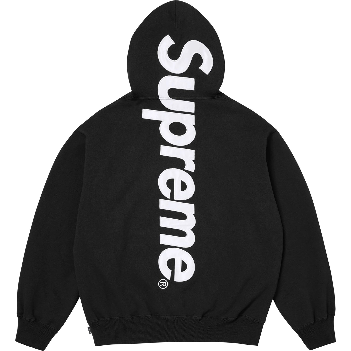 SATIN APPLIQUÉ HOODED SWEATSHIRT BLACK