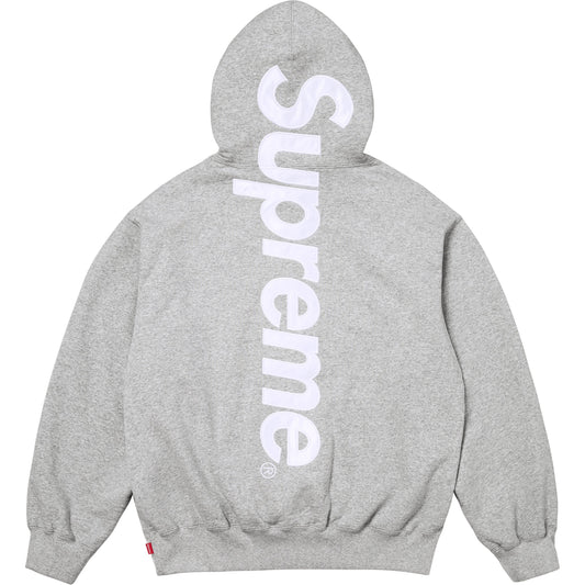 SATIN APPLIQUÉ HOODED SWEATSHIRT HEATHER GREY