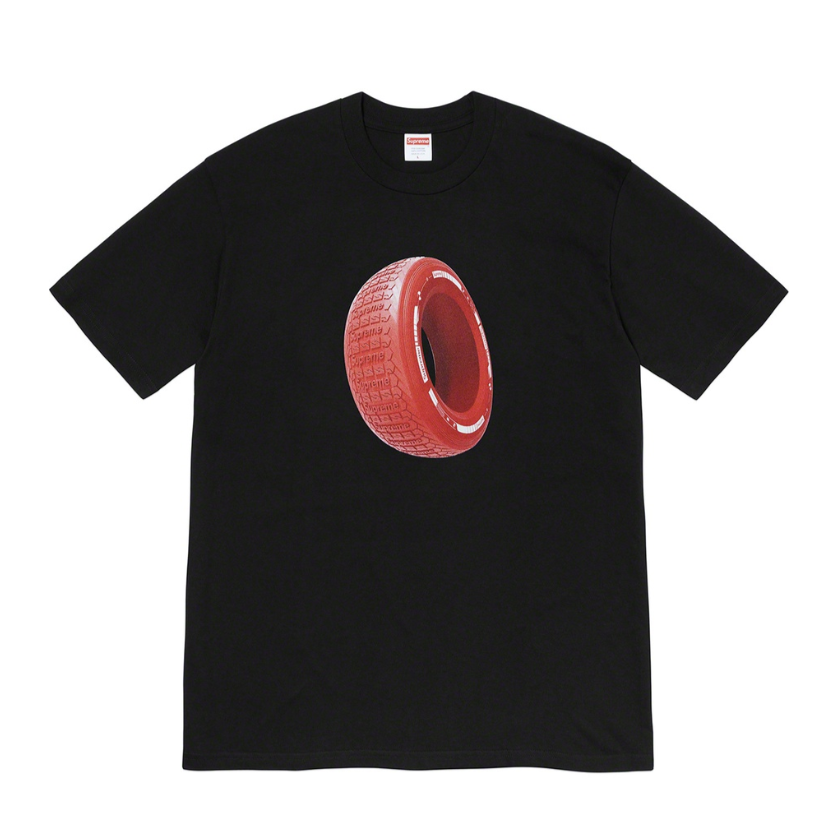 Supreme Tire Tee Black by Supreme in . Available at KershKicks for £85.00. A must-have for fans of Supreme looking to elevate their style with this T-Shirt.