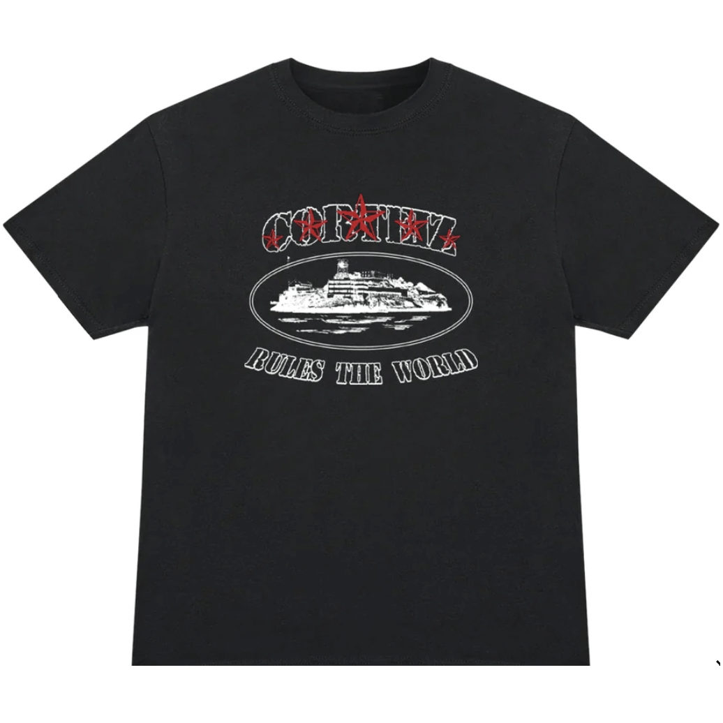 Corteiz Rules the World Stars Black Tee by Corteiz in Clothing. Available at KershKicks for £76.99. A must-have for fans of Corteiz looking to elevate their style with this T-Shirt.