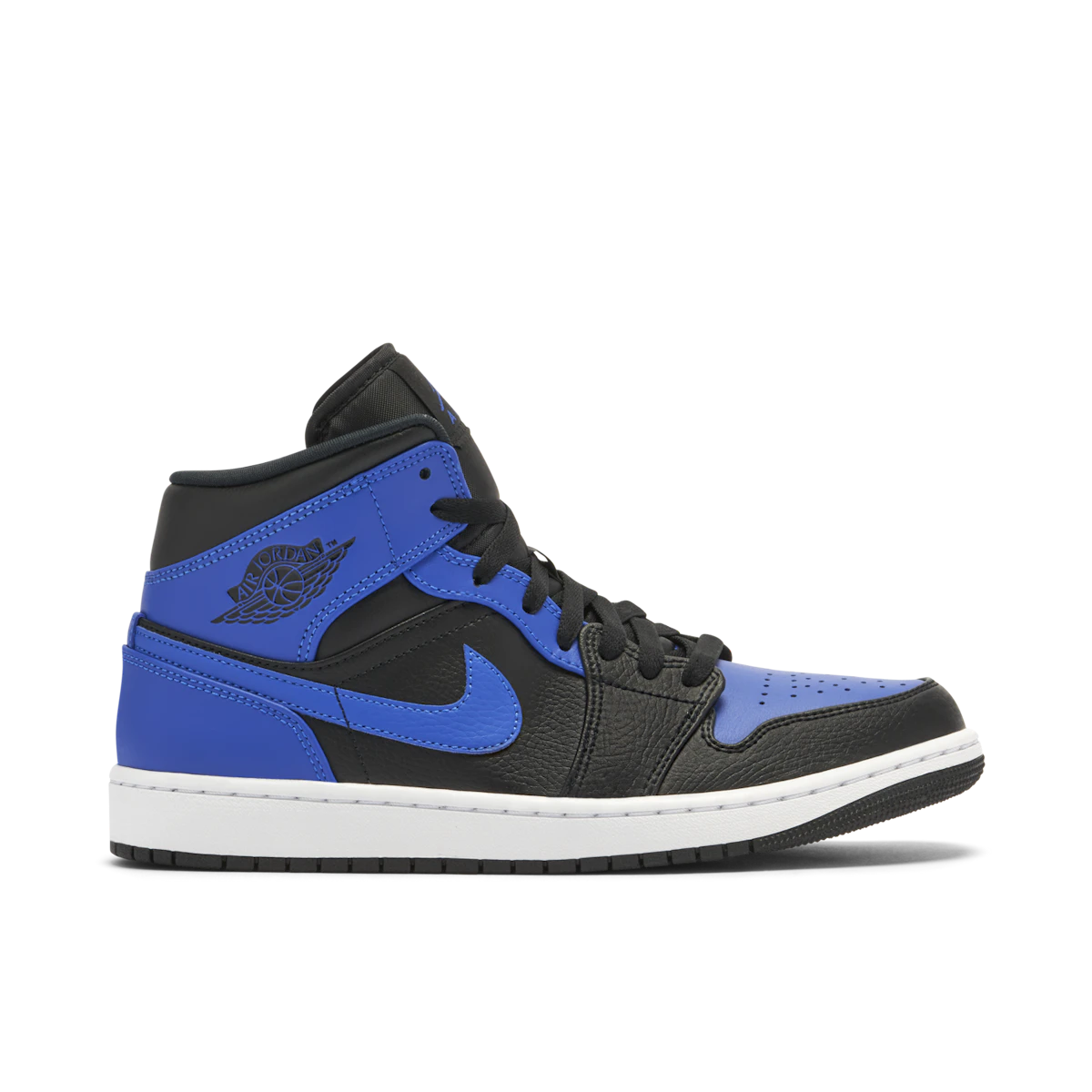 Jordan 1 Mid Black Royal Tumbled Leather by Jordan's in Shoes. Available at KershKicks for £110.00. A must-have for fans of Jordan's looking to elevate their style with this Shoes.