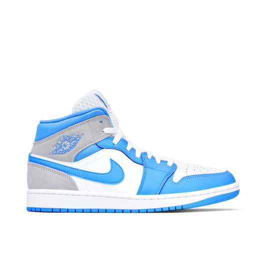 Jordan 1 Mid University Blue Grey by Jordan's in Shoes. Available at KershKicks for £195.00. A must-have for fans of Jordan's looking to elevate their style with this Shoes.