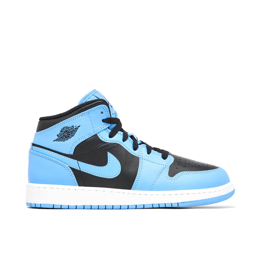 Jordan 1 Mid University Blue Black (GS) by Jordan's in Shoes. Available at KershKicks for £125.00. A must-have for fans of Jordan's looking to elevate their style with this Shoes.
