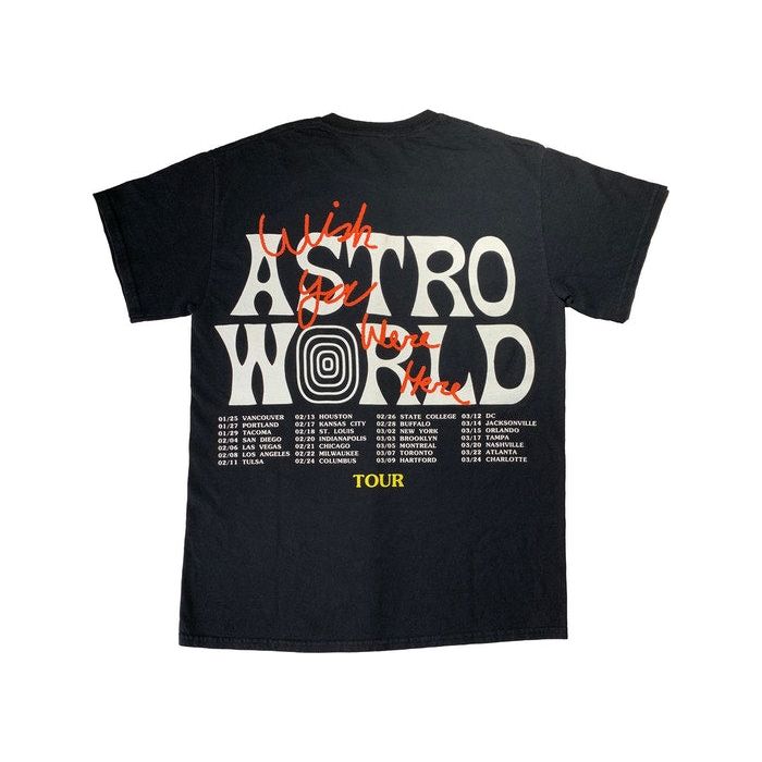 Travis Scott Astroworld Tour Wish You Were Here Tee Black by Travis Scott in . Available at KershKicks for £105.00. A must-have for fans of Travis Scott looking to elevate their style with this T-Shirt.