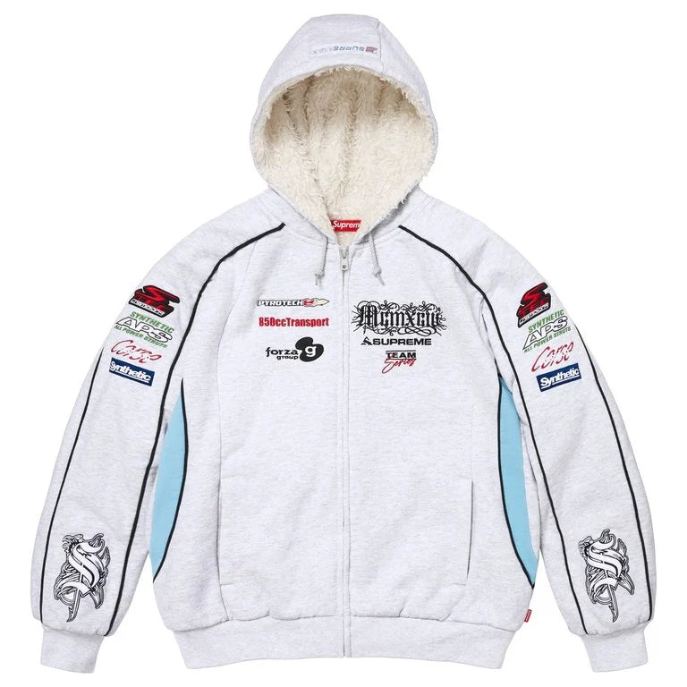 Supreme Racing Lined Zip Up Hooded Sweatshirt Heather Grey