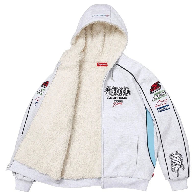 Supreme Racing Lined Zip Up Hooded Sweatshirt Heather Grey