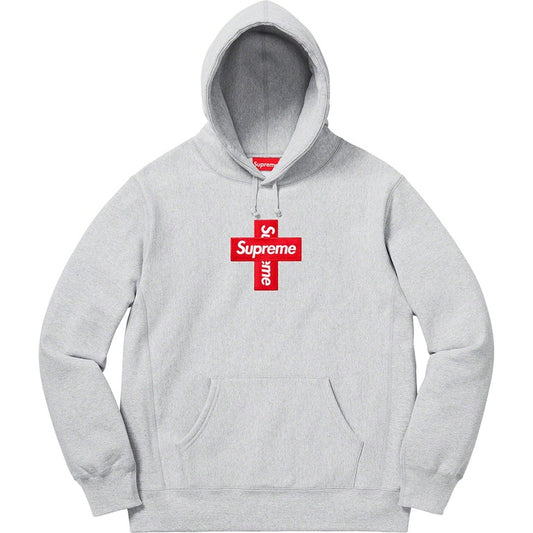 Supreme Cross Box Logo Hooded Sweatshirt Heather Grey.