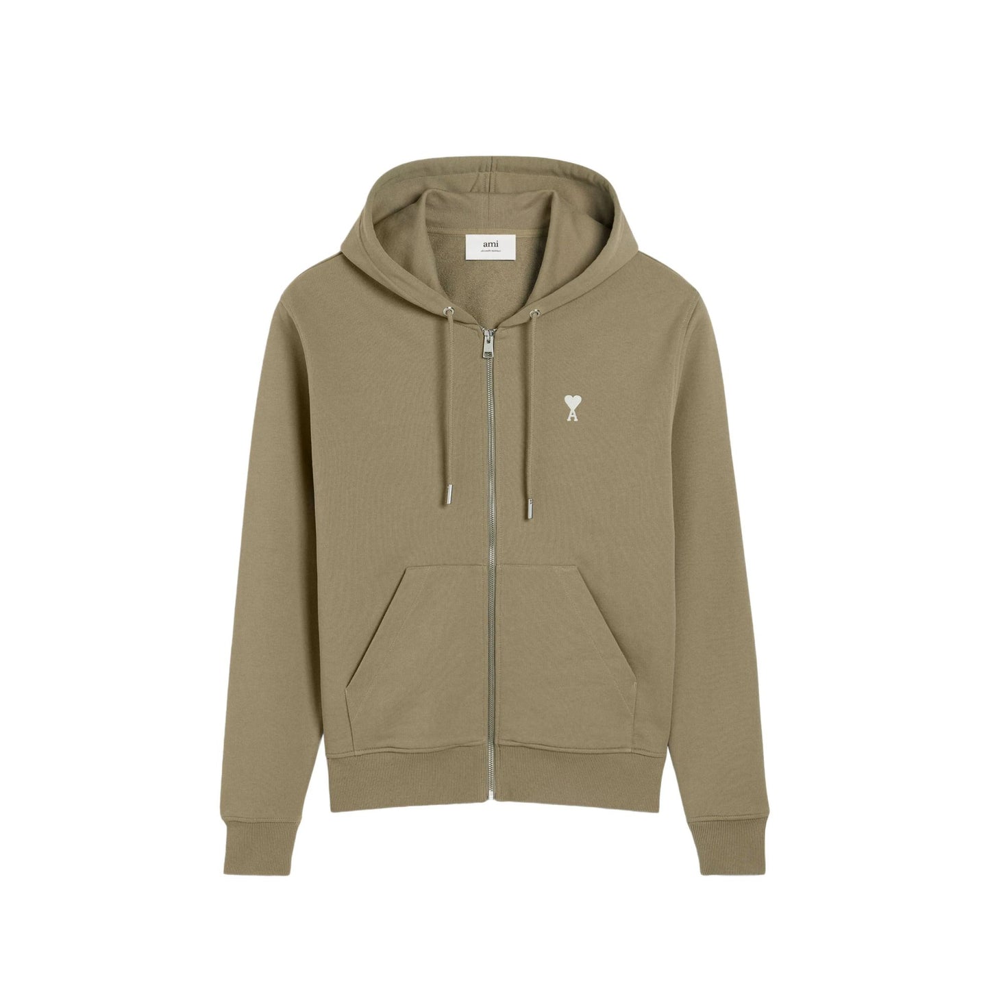 AMI PARIS BLACK COTTON AMI DE COEUR ZIPPED HOODIE OLIVE GREEN