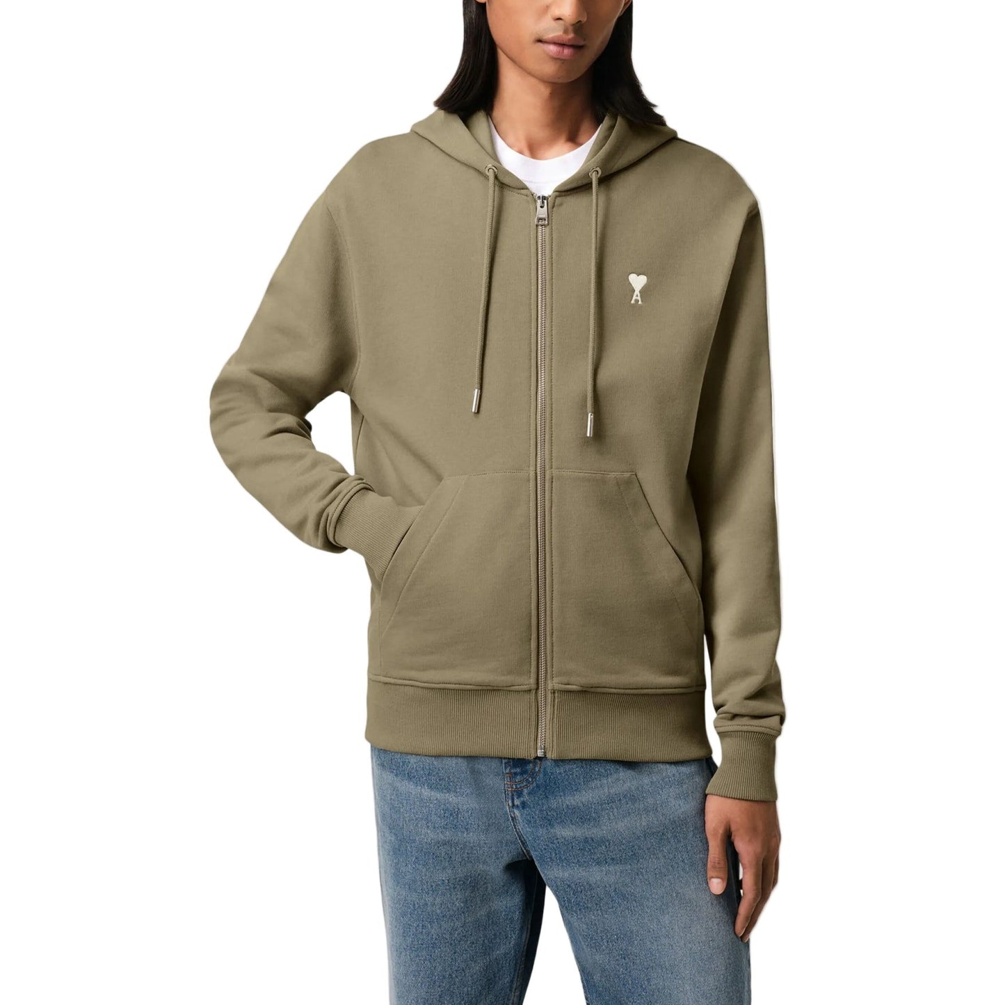 AMI PARIS BLACK COTTON AMI DE COEUR ZIPPED HOODIE OLIVE GREEN