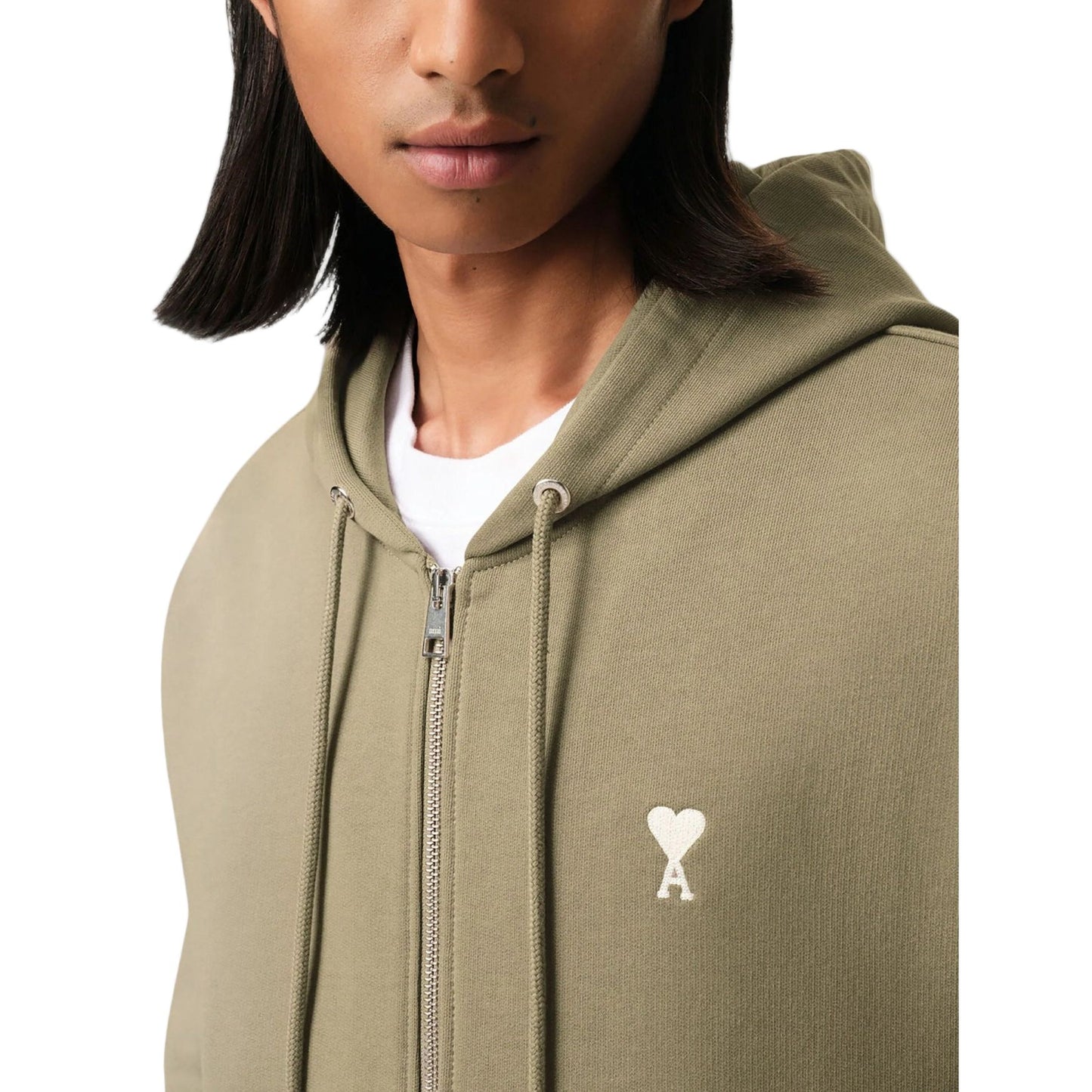 AMI PARIS BLACK COTTON AMI DE COEUR ZIPPED HOODIE OLIVE GREEN