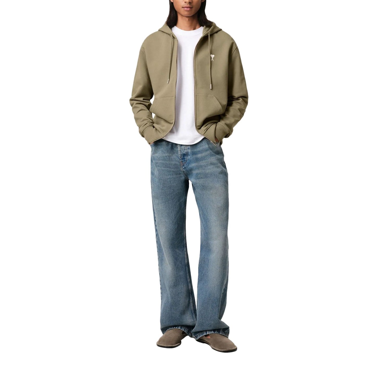 AMI PARIS BLACK COTTON AMI DE COEUR ZIPPED HOODIE OLIVE GREEN