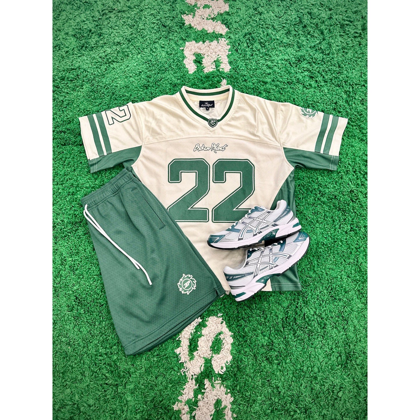 Broken Planet Market Football Jersey Green/ Cream by Broken Planet Market in Clothing. Available at KershKicks for £145.00. A must-have for fans of Broken Planet Market looking to elevate their style with this T-Shirt.