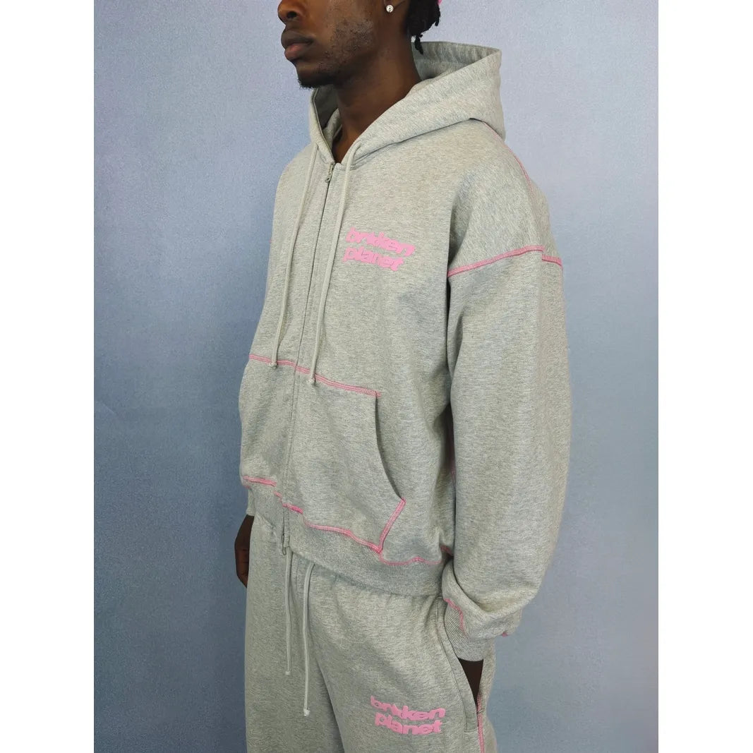 BROKEN PLANET STAR LOGO COVERSTITCH ZIP-UP HOODIE ASH GREY