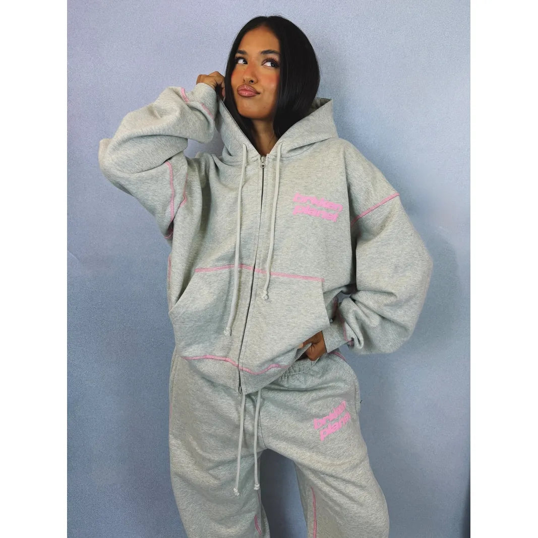 BROKEN PLANET STAR LOGO COVERSTITCH ZIP-UP HOODIE ASH GREY