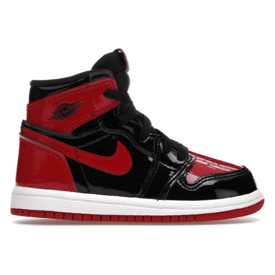 Infant Jordan 1 Retro High OG Patent Bred (TD) by Jordan's in . Available at KershKicks for £100.00. A must-have for fans of Jordan's looking to elevate their style with this Kids Trainers.