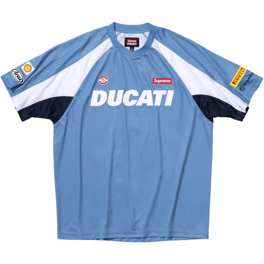 SUPREME®/DUCATI® SOCCER JERSEY BLUE by Supreme in . Available at KershKicks for £195.00. A must-have for fans of Supreme looking to elevate their style with this T-Shirt.
