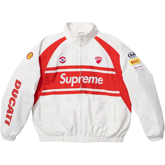 SUPREME®/DUCATI® TRACK JACKET WHITE by Supreme in Clothing. Available at KershKicks for £325.00. A must-have for fans of Supreme looking to elevate their style with this Jacket.
