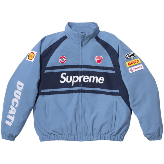 SUPREME®/DUCATI® TRACK JACKET BLUE by Supreme in Clothing. Available at KershKicks for £350.00. A must-have for fans of Supreme looking to elevate their style with this Jacket.