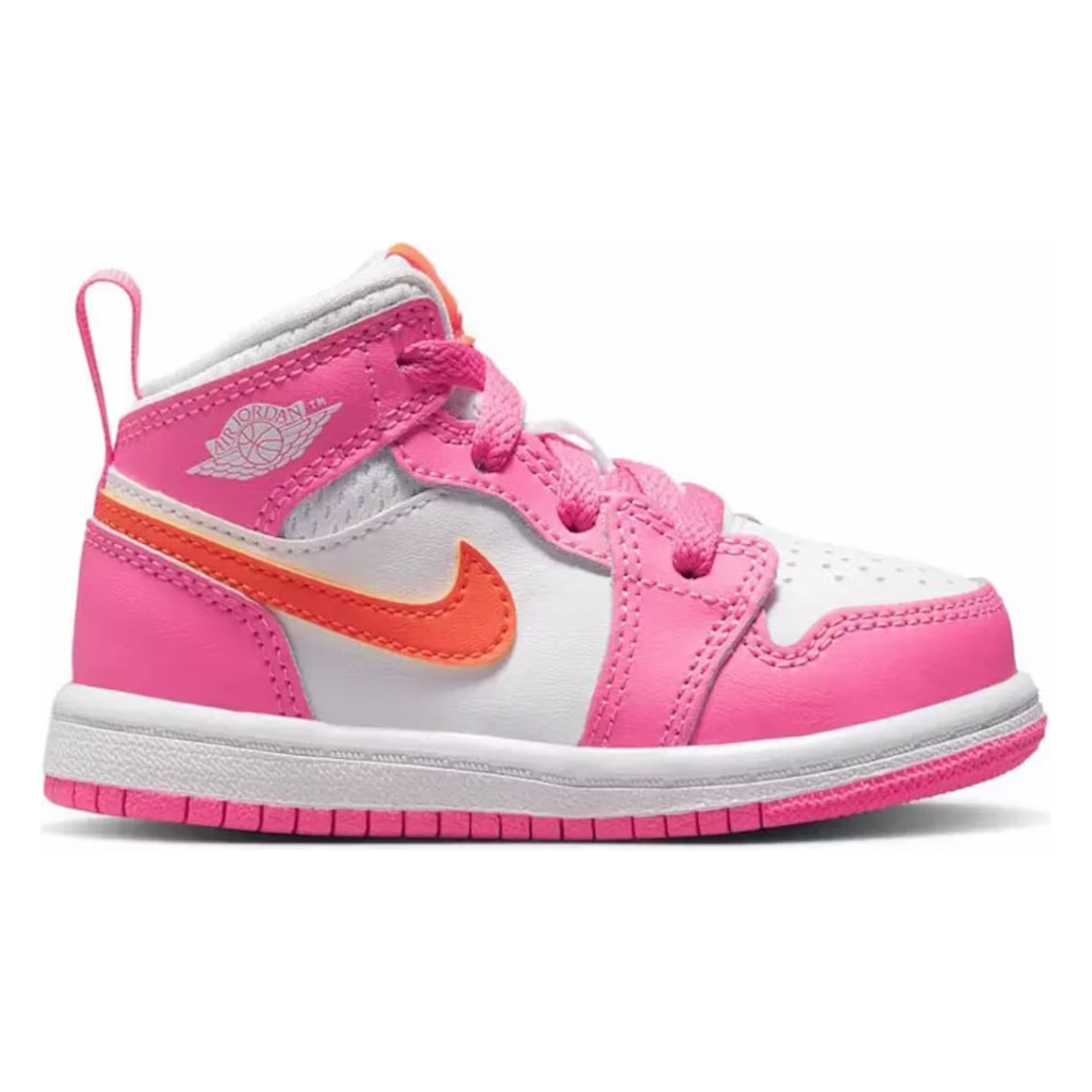 Jordan 1 Mid Pinksicle Safety Orange (TD) by Jordan's in Shoes. Available at KershKicks for £100.00. A must-have for fans of Jordan's looking to elevate their style with this Kids Trainers.