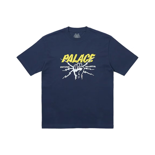Palace Shocking Behaviour T-Shirt Navy by Palace in Uncategorized. Available at KershKicks for £40.00. A must-have for fans of Palace looking to elevate their style with this T-Shirt.