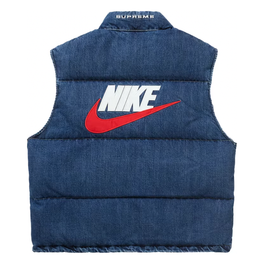 Supreme Nike Denim Puffer Vest Indigo by Supreme in Uncategorized. Available at KershKicks for £175.00. A must-have for fans of Supreme looking to elevate their style with this Jacket.
