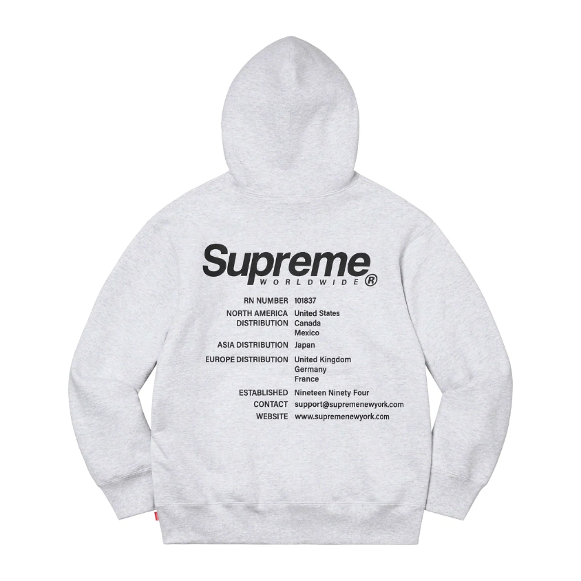 Supreme Worldwide Hoodie Ash Grey by Supreme in Clothing. Available at KershKicks for £250.00. A must-have for fans of Supreme looking to elevate their style with this Hoodie.