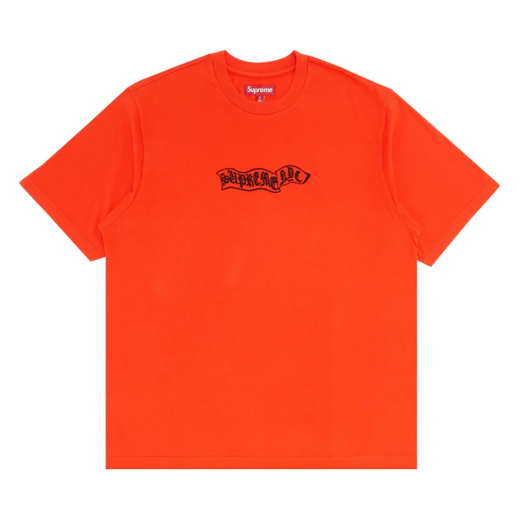 Supreme Banner Tee Orange by Supreme in Clothing. Available at KershKicks for £95.00. A must-have for fans of Supreme looking to elevate their style with this T-Shirt.