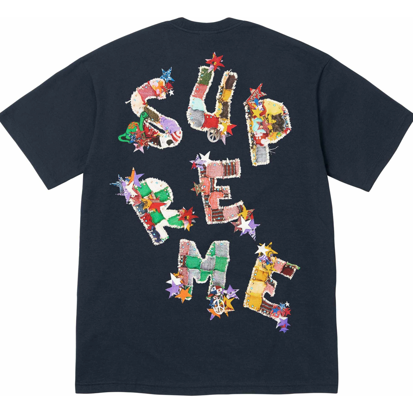 Supreme Patchwork Tee Navy by Supreme in . Available at KershKicks for £65.00. A must-have for fans of Supreme looking to elevate their style with this T-Shirt.