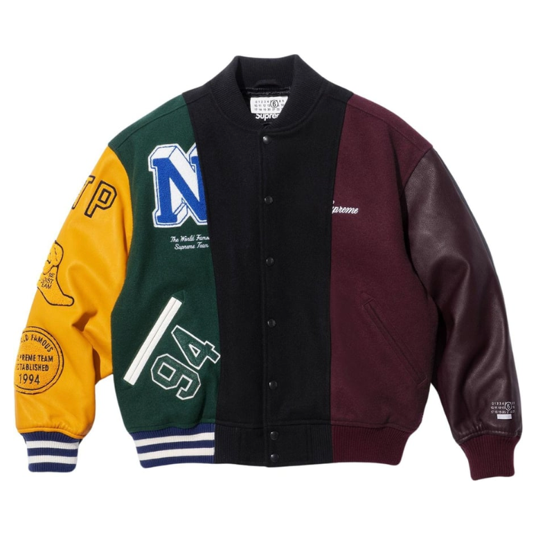 Supreme MM6 Maison Margiela Split Varsity Jacket Multicolor by Supreme in Clothing. Available at KershKicks for £850.00. A must-have for fans of Supreme looking to elevate their style with this Jacket.