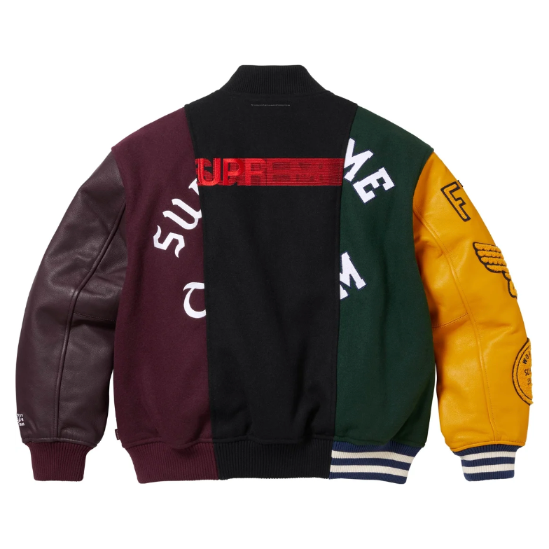 Supreme MM6 Maison Margiela Split Varsity Jacket Multicolor by Supreme in Clothing. Available at KershKicks for £850.00. A must-have for fans of Supreme looking to elevate their style with this Jacket.