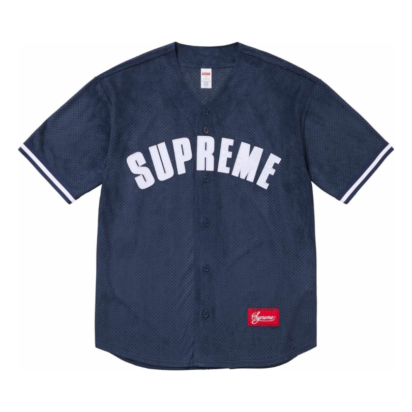 Supreme Ultrasuede Mesh Baseball Jersey Navy by Supreme in . Available at KershKicks for £250.00. A must-have for fans of Supreme looking to elevate their style with this T-Shirt.