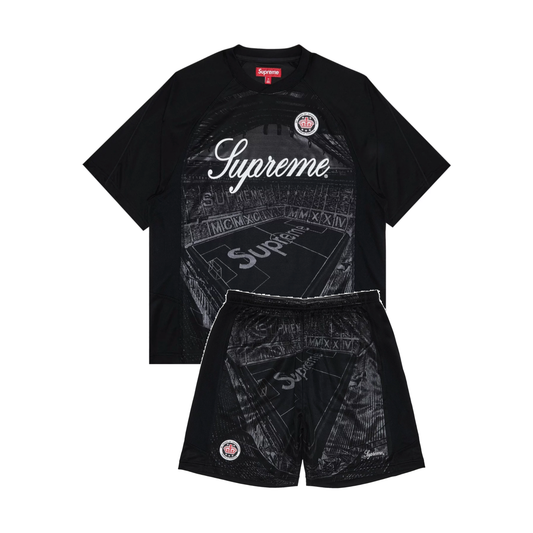 Supreme Jacquard Soccer Jersey Black Set by Supreme in Uncategorized. Available at KershKicks for £300.00. A must-have for fans of Supreme looking to elevate their style with this Tracksuit.