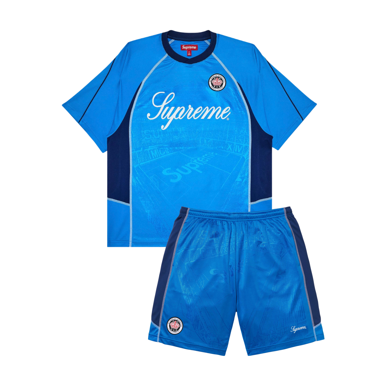 Supreme Jacquard Soccer Jersey Blue Set by Supreme in Uncategorized. Available at KershKicks for £300.00. A must-have for fans of Supreme looking to elevate their style with this Tracksuit.