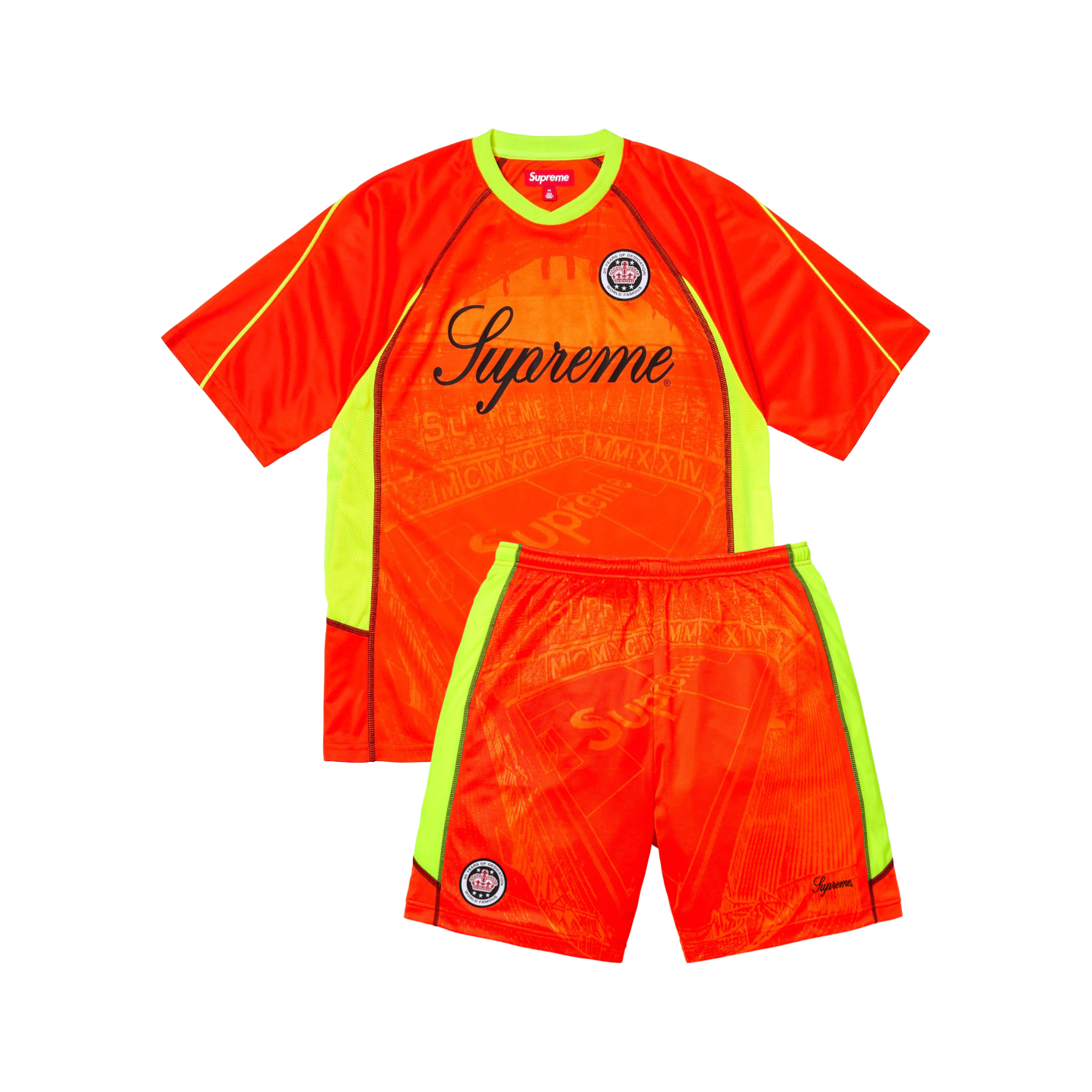 Supreme Jacquard Soccer Jersey Orange Set by Supreme in Uncategorized. Available at KershKicks for £300.00. A must-have for fans of Supreme looking to elevate their style with this Tracksuit.