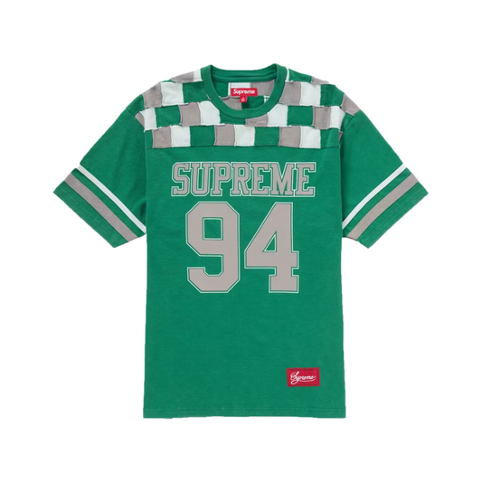 Supreme Patchwork Yoke Football Top Green by Supreme in Uncategorized. Available at KershKicks for £185.00. A must-have for fans of Supreme looking to elevate their style with this T-Shirt.