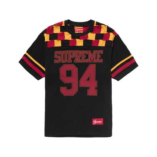 Supreme Patchwork Yoke Football Top Black by Supreme in Uncategorized. Available at KershKicks for £185.00. A must-have for fans of Supreme looking to elevate their style with this T-Shirt.